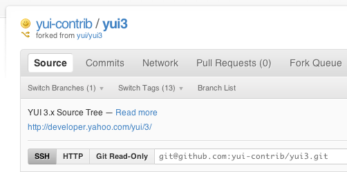 Screenshot of a YUI Contributor's project page for their newly created fork of the YUI 3 project.
