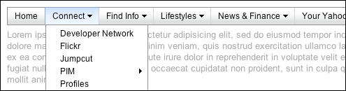 Screen capture of a horizontal menu with each menu label in the root menu rendered as menu buttons.