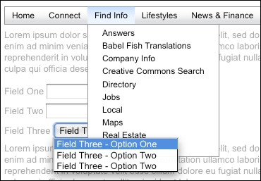 Screen capture of an open HTML select-based menu poking through the submenu of a menu created using the MenuNav Node Plugin